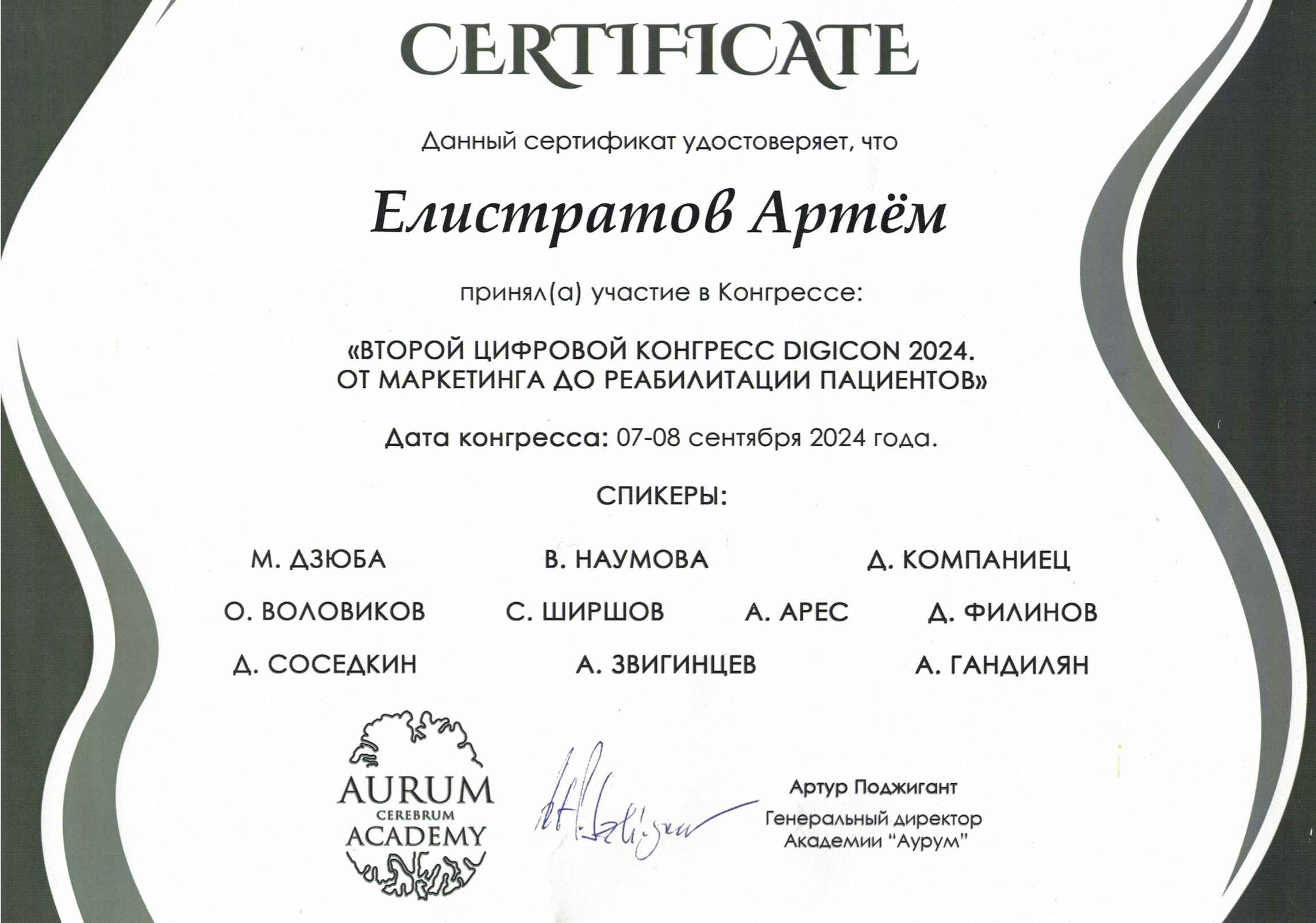 Диплом за участие во втором цифровом конгрессе DIGICON 2024